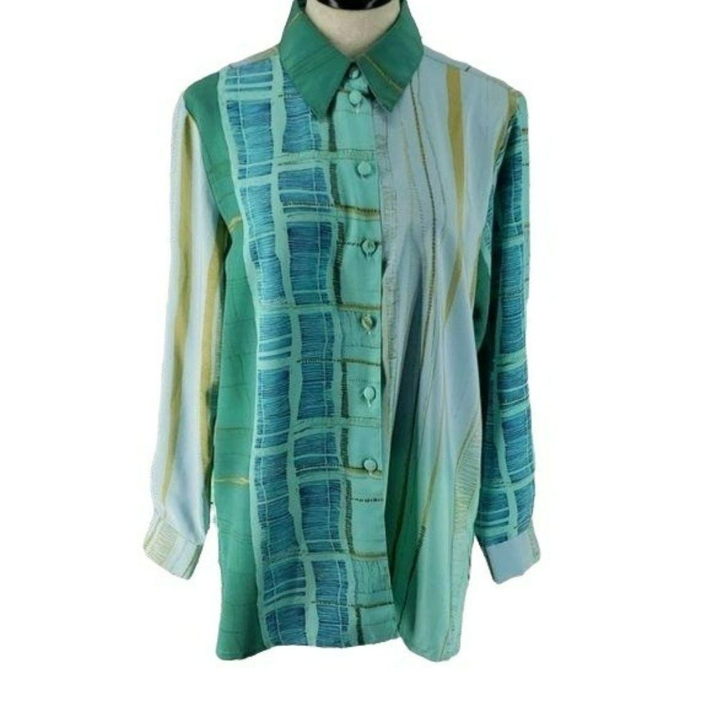 Beverly Rose USA Woman's Blue Long Sleeve Abstract Printed Button Down‎ Shirt